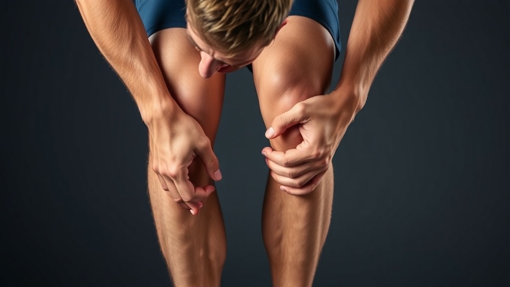달리기 운동 후 다리 근육의 통증을 느끼며 상태를 확인하는 남성의 모습