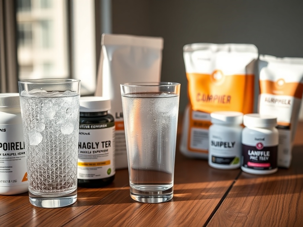 나무 테이블 위에 놓인 시원한 물 한 잔과 영양 보충제