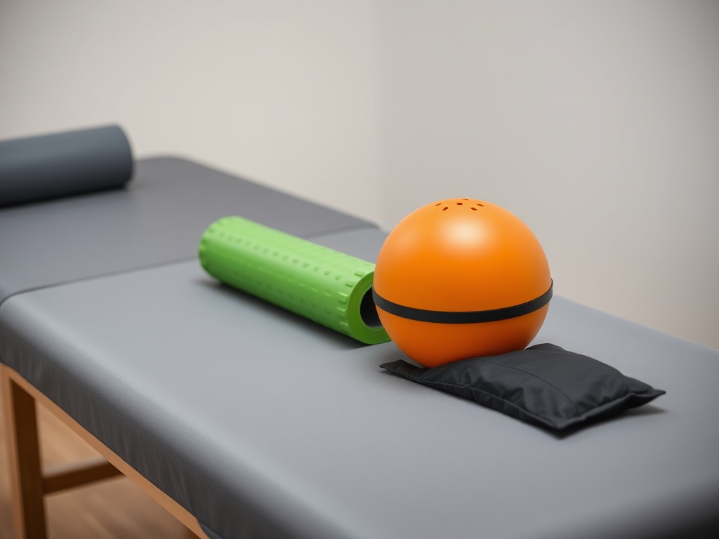근육통 완화를 위해 준비된 폼롤러, 마사지 볼, 그리고 찜질팩이 가지런히 놓여 있는 테이블